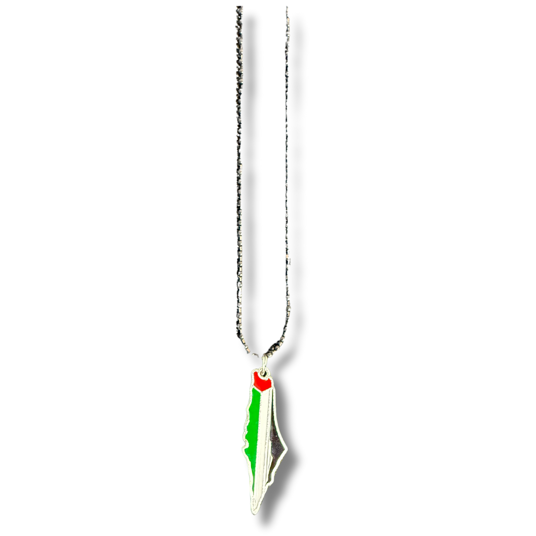 Palestinian map necklace pendant in red white green and black colors on silver chain