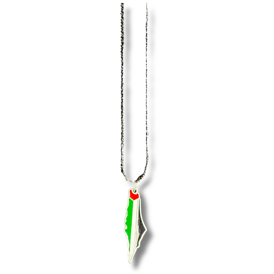 Palestinian map necklace pendant in red white green and black colors on silver chain