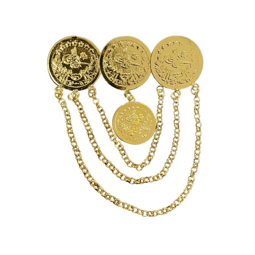 Palestinian Rashadi pin by Palestinian Elegance featuring gold coin design with connecting chains