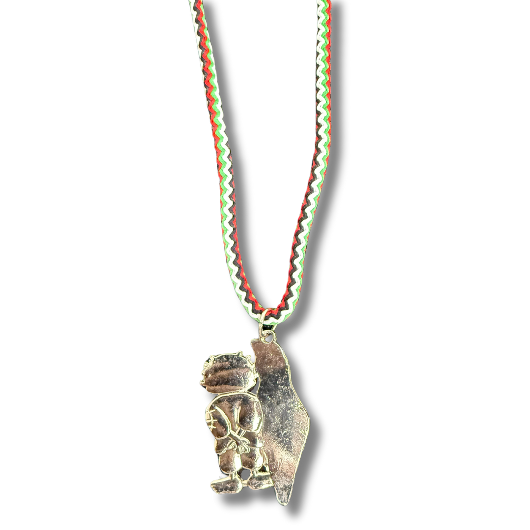 Palestinian rope necklace with colorful braided cord and silver pendant featuring traditional figure and map