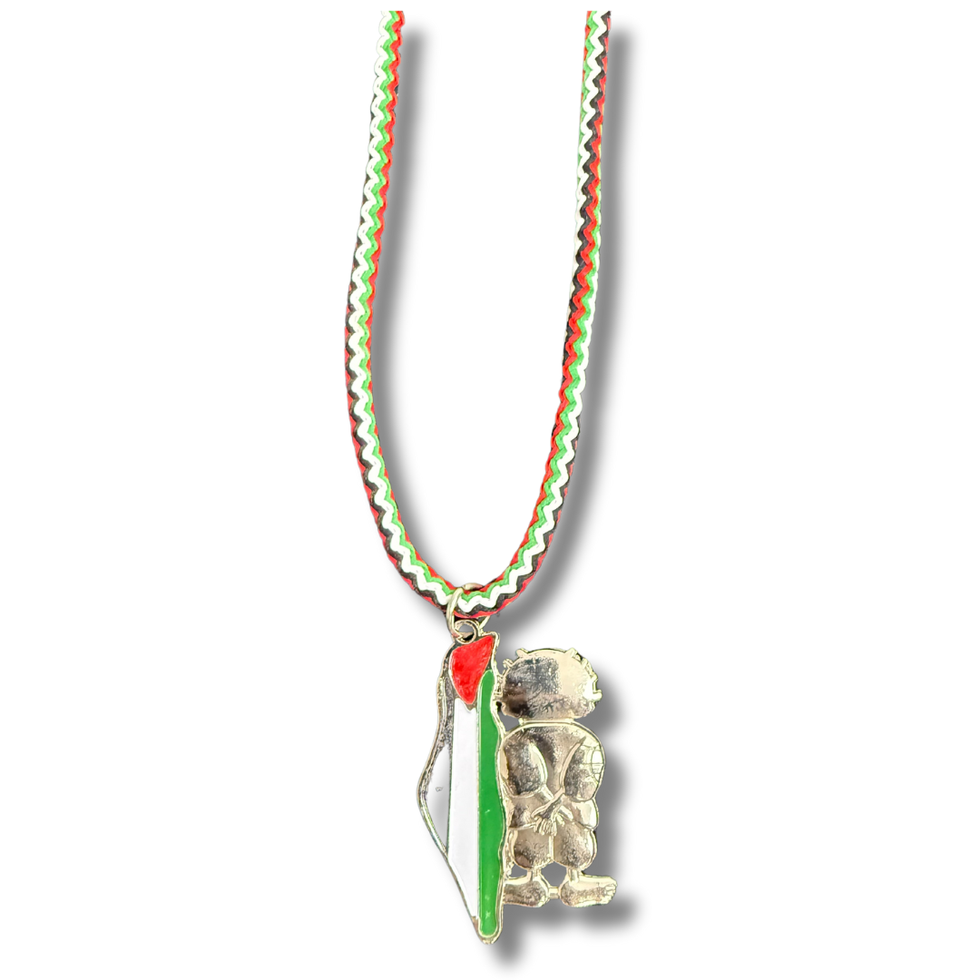 Palestinian rope necklace with a pendant featuring the Palestinian flag and ornamental design