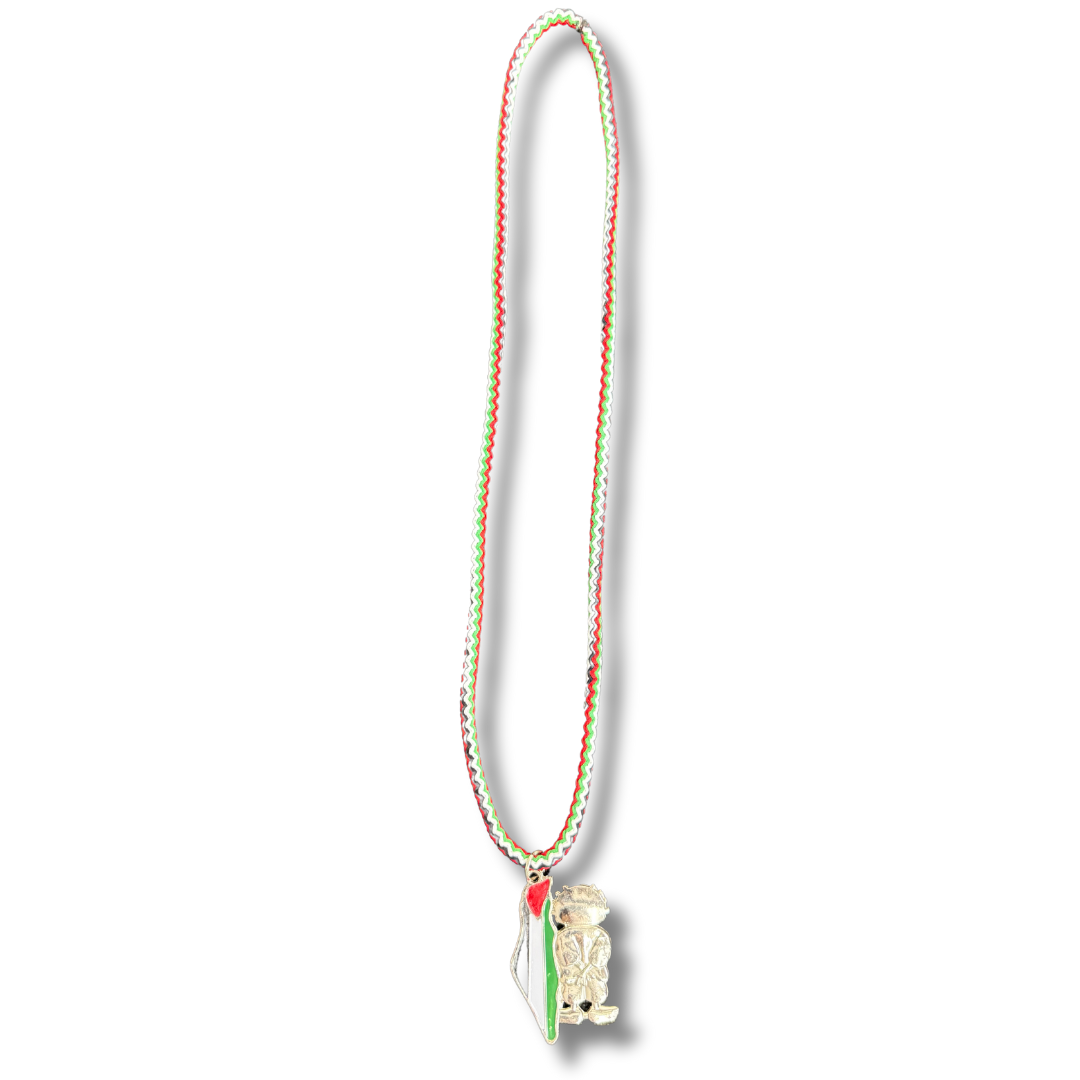 Palestinian rope necklace with red white and green braided cord and decorative pendant
