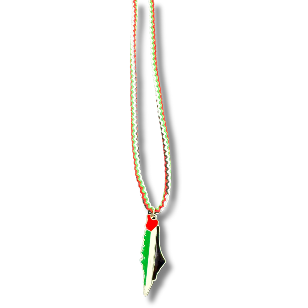 Palestinian rope necklace with a colorful cord and a pendant shaped like the map of Palestine