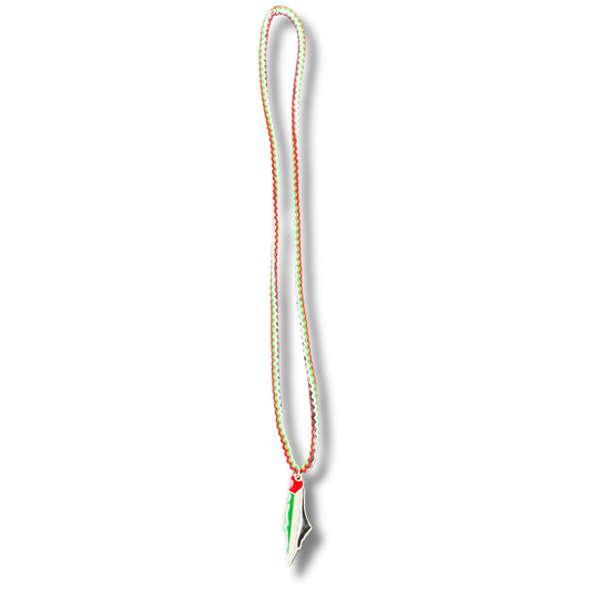 Palestinian rope necklace with red, white, green, and black colors and a pendant shaped like Palestine