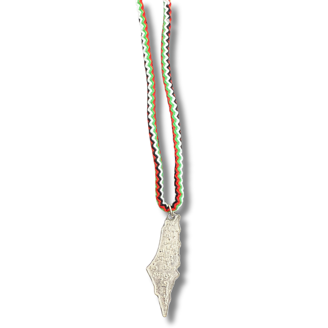 Palestinian rope necklace with silver map pendant and red white green black patterned cord