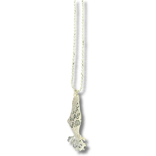 Palestinian silver necklace featuring a detailed pendant with Arabic calligraphy on a beaded chain