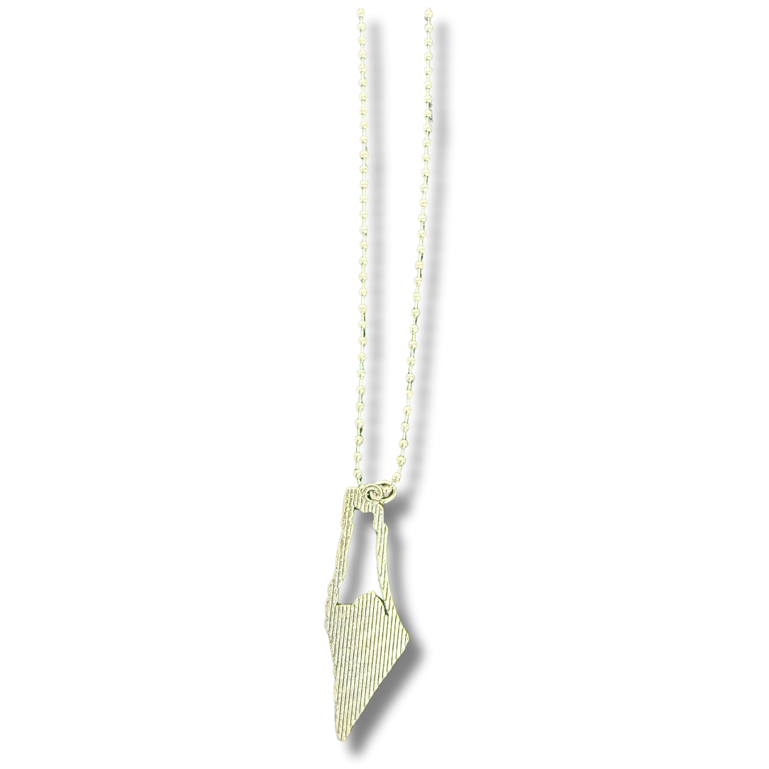 Palestinian silver necklace with a pendant shaped like the map of Palestine on a delicate chain