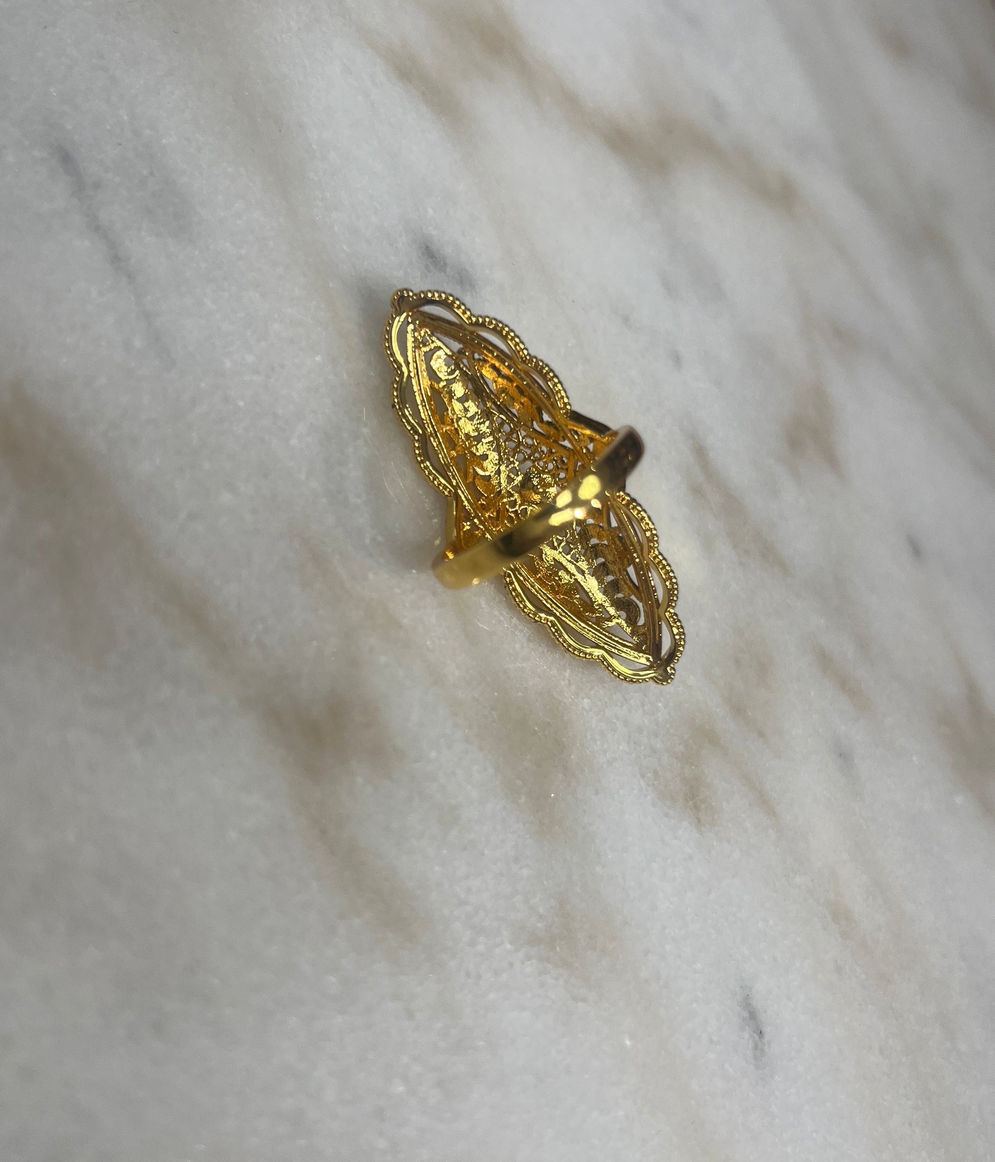 Plated gold ring for women with intricate filigree design by Palestinian Elegance