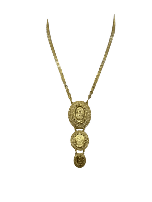 Palestinian Elegance riple Ounce Imitated Gold Necklace with three oval gold pendants on a gold chain