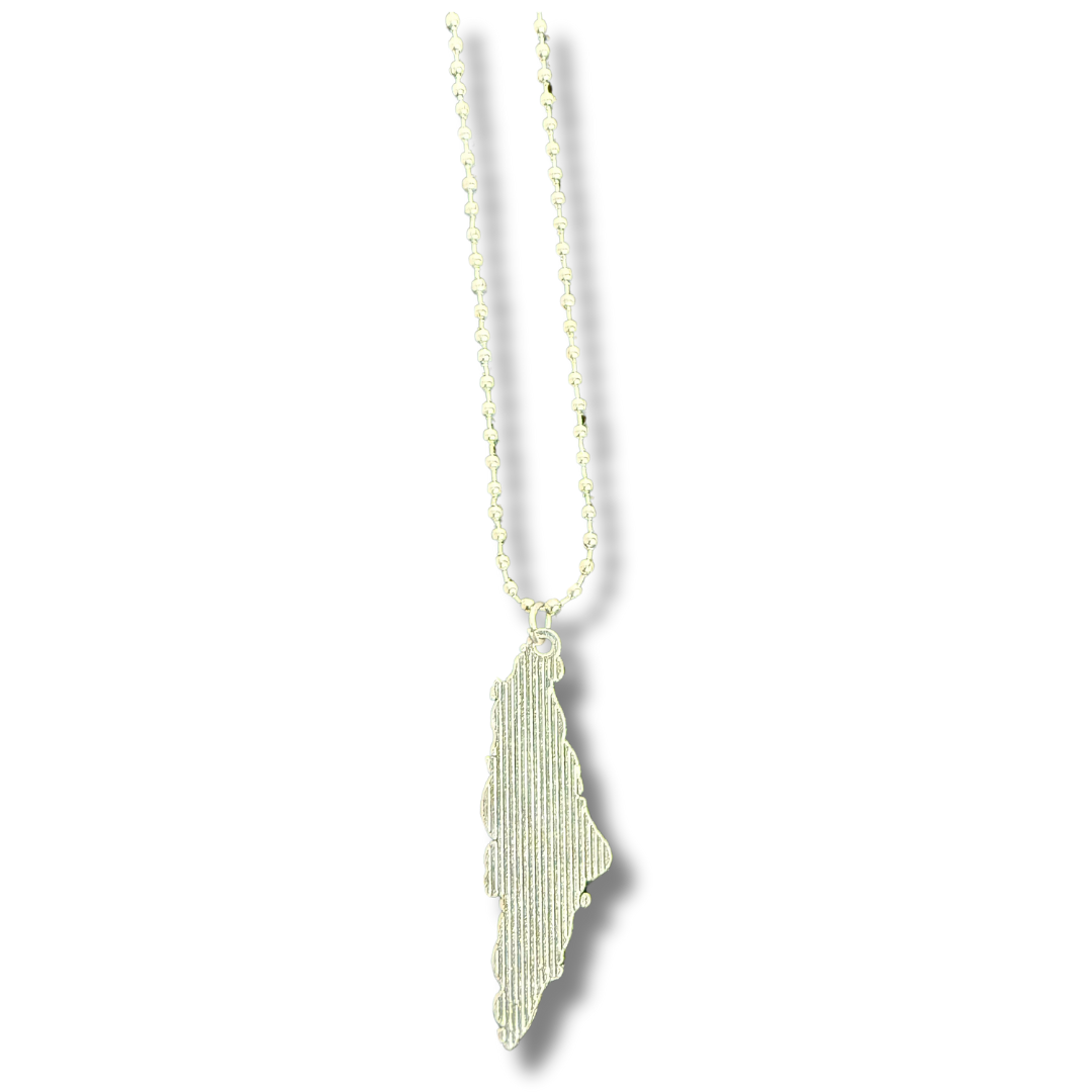 Silver Arabic necklace with detailed map pendant on beaded chain by Palestinian Elegance