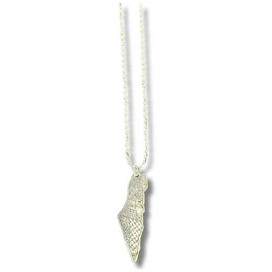 Silver Palestine necklace with detailed map pendant on a delicate chain by Palestinian Elegance