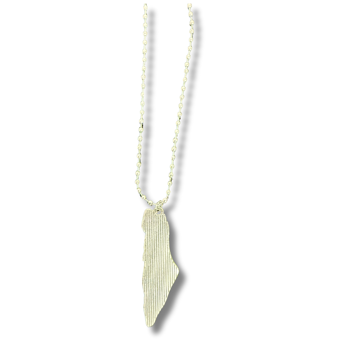 Silver Palestine necklace with detailed map pendant on beaded chain from Palestinian Elegance