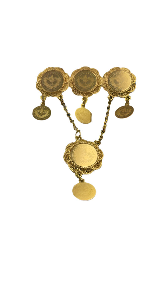 Palestinian Elegance imitated gold traditional gold brooch with intricate circular designs and hanging chains