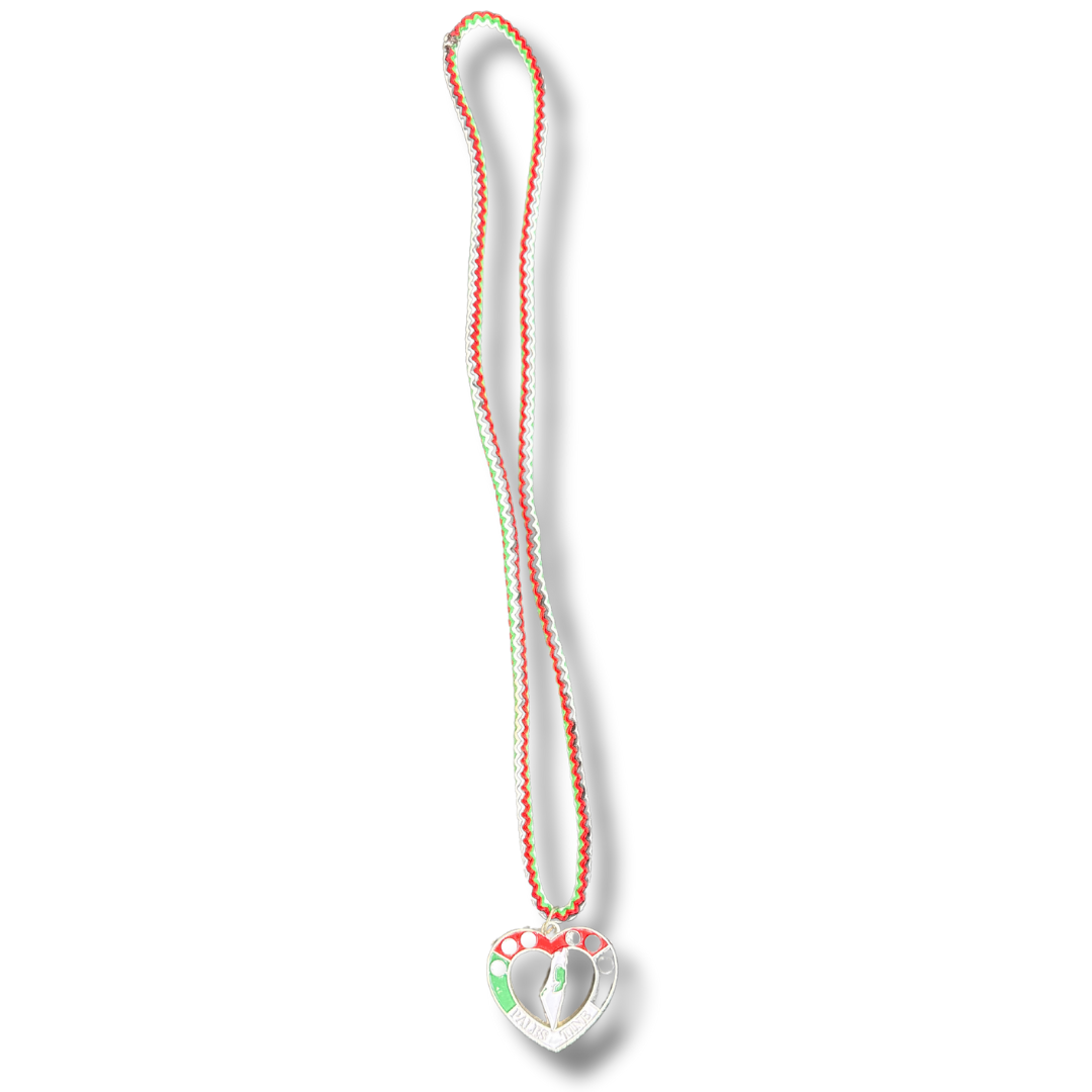 Palestinian Elegance Al Quds Heart necklace with red green and white braided cord and heart-shaped pendant