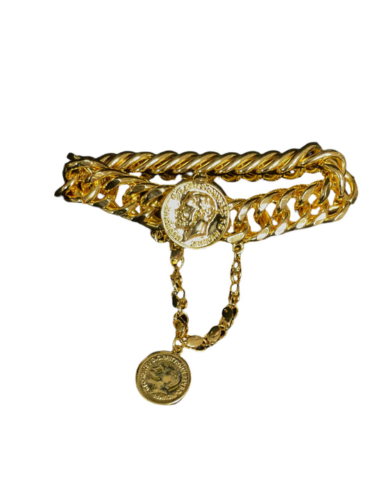 Palestinian Elegance imitated gold chain bracelet with layered chains and coin pendants
