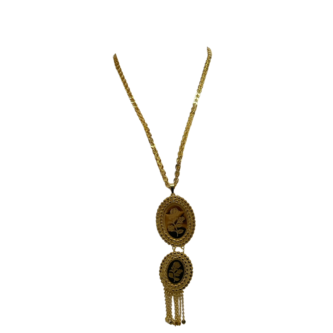 Palestinian Elegance imitated gold oval necklace with detailed floral pendants and hanging chain tassels